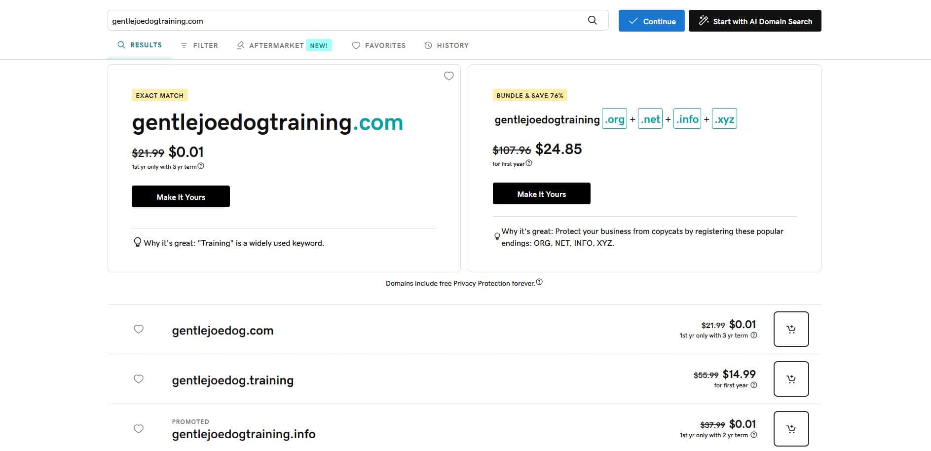 Domain Search Results Screenshot Domain Search Results Screenshot