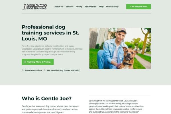 Sample Web Design - Gentle Joe's Dog Training